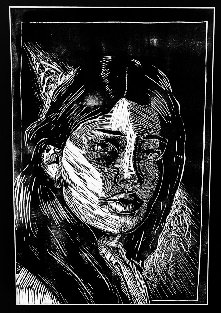A black and white portrait with crosshatching. The person in the portrait has long, dark hair, and is looking at the "viewer."