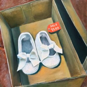 A painting of light blue shoes in a box.
